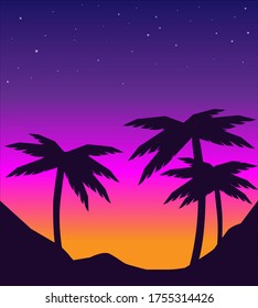 vector evening beach landscape with palms and sunset. silhouette palm trees on beach . sunset mountain landscape