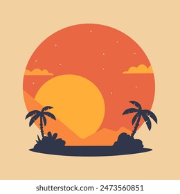 Vector por la tarde playa con palmeras y puesta de sol. palmeras silueta en la playa en un círculo, símbolo de paisaje redondo. amarillo y naranja. Ilustración vectorial