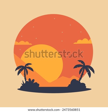 vector evening beach landscape with palms and sunset. silhouette palm trees on beach in a circle, round landscape symbol.yellow and orange. Vector illustration