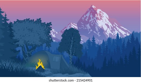 vector evening in beautiful mountains camp