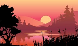 Vector Evening In Beautiful Mountains Forest With River