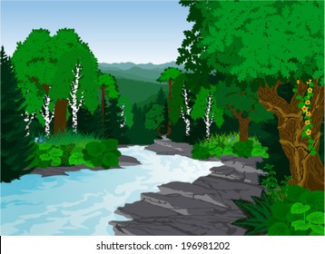 vector evening in beautiful mountains forest with river