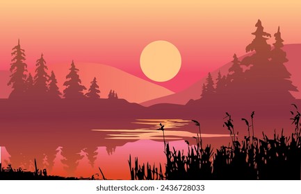 vector evening in beautiful mountains forest with river
