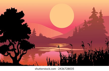 vectorial noche en hermoso bosque de montañas con río