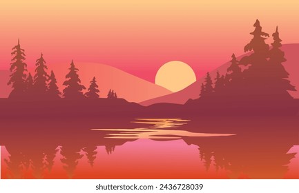 vector evening in beautiful mountains forest with river