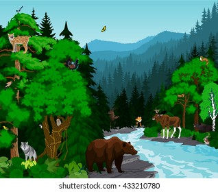 vector evening in beautiful mountains forest with animals