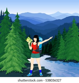 vector evening in beautiful mountains forest with girl