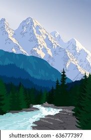 vector evening in beautiful mountains forest with river