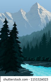 vector evening in beautiful mountains with river