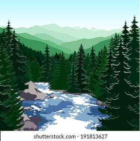 vector evening in beautiful mountains with river