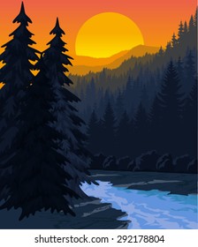 Vector por la noche en hermosas montañas con río