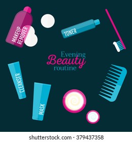 Vector evening beauty routine illustration set in flat style. Icons of different bottles for cosmetics, cotton pads, face cream and eye cream, tooth brush, comb. For web, ads, design.