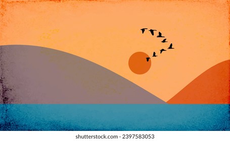 Vector Evening Fjord Hill Landscape Illustration -  View with Hills, Sunset and Fjord Shore - Flat Design
