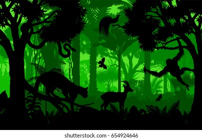 Vector evening indonesian tropical rainforest Jungle background with clouded leopard, gazelle, python, paradise bird and orangutan