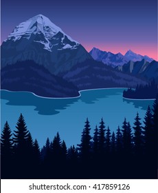 Vector evening lake in mountains