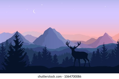 Vector evening landscape with blue and purple silhouettes of mountains, forest and standing deer