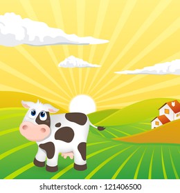 Vector of an Evening Landscape with a Cow