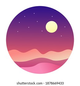 Vector evening landscape with moon and stars in the sky. Natural landscape. Vector icon or illustration in the shape of a circle