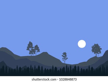 vector evening landscape, mountains, trees and full moon