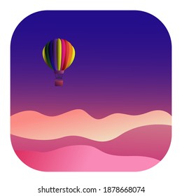 Vector evening landscape. Natural landscape and hot air balloon. Vector icon or illustration in the shape of a rounded square