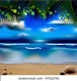 Vector evening landscape with the ocean and palm trees