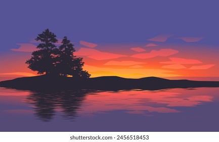 Vector evening landscape with reflection of tree silhouette