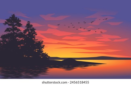 Vector evening landscape with tree silhouette flying birds