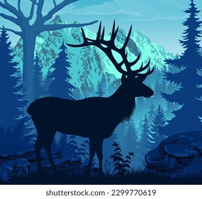 vector evening mountains woodland landscape with deer