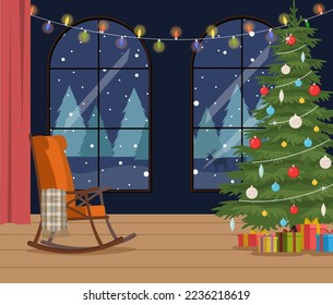 Vector  evening room with big windows and winter landscape, Christmas tree. Beautiful Christmas background. Element of New Year poster, card, decorative element.