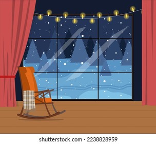 Vector  evening room with big windows and winter landscape and cheir. Beautiful Christmas background. Element of New Year poster, card, decorative element.