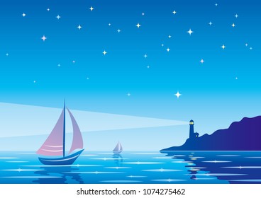 Vector evening seascape with sailboat, lighthouse and clear starry sky. EPS10