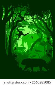 Vector evening tropical asian rainforest Jungle background with animals