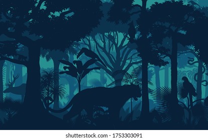 Vector evening tropical rainforest Jungle background with jaguar, harpy, monkey, parrot, toucan, anaconda and deer - Shutterstock ID 1753303091