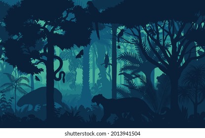 Vector evening tropical rainforest Jungle background with jaguar, ara macaw parrrot, monkey, owl, toucan and Capybara