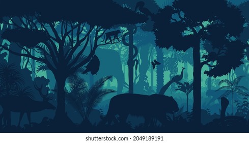 Vector evening tropical rainforest Jungle background with tiger, cobra, elephant, peafowl, monkey, deer, python, fruit bat and great hornbill