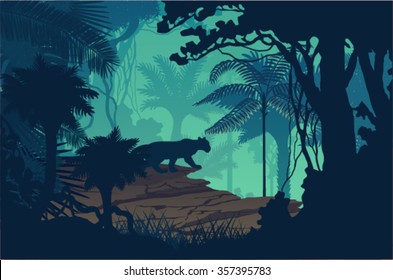 Vector evening tropical rainforest Jungle background with jaguar