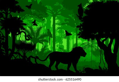 Vector evening tropical rainforest Jungle background with lion, harpy, python and butterflies