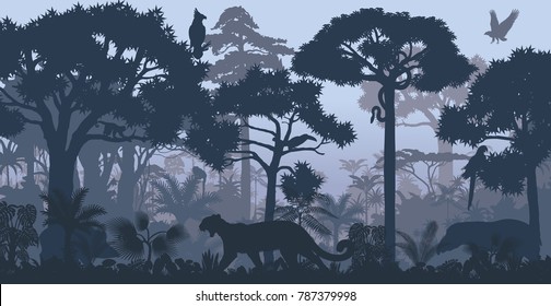 Vector evening tropical rainforest Jungle background with jaguar, harpy, monkey, parrot, toucan, anaconda and boar