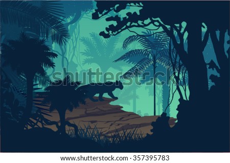 Vector evening tropical rainforest Jungle background with jaguar