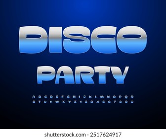 Banner de evento de vetor Disco Party. Fonte com estilo moderno. Trendy Silver Alphabet Letras e Números definido.