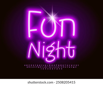 Vector event banner Fun Night. Playful Neon Font.. Set of Glowing Alphabet Letters and Numbers set.