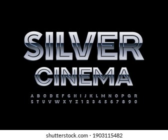 Vector Event Banner Silver Cinema. Glossy Metal Font. 3D Chrome Alphabet Letters And Numbers Set