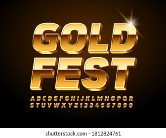 Vector event card Gold Fest. Glossy 3D Font. Premium style shiny Alphabet Letters and Numbers set