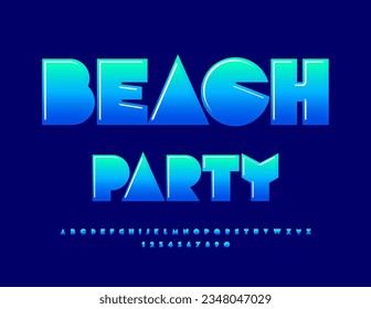 Vector event flyer Beach Party. Blue gradient Font. Creative set of big Alphabet Letters and Numbers