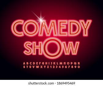 Vector Event Flyer Comedy Show. Red Neon Font. Creative Glowing Alphabet Letters And Numbers Set