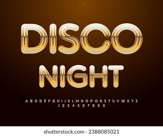 Volante de eventos vectores Disco Noche con elegante fuente dorada. Conjunto elegante de letras y números de alfabeto