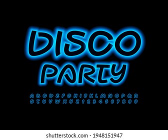 Vector event flyer Disco Party. Creative Neon Font. Blue electric Alphabet Letters and Numbers set