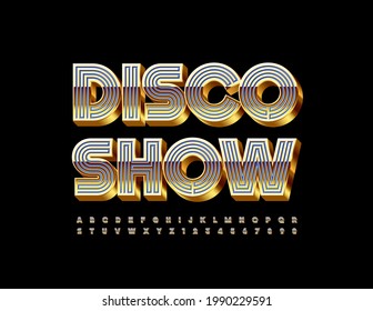 Vector event flyer Disco Show. Maze style Alphabet Letters and Numbers set. Blue and Gold 3D Font