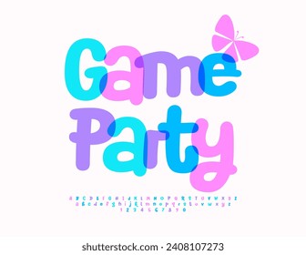 Vector event flyer Game Party with decorative Butterfly. Artistic colorful Font. Creative set of Alphabet Letters and Numbers.