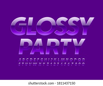Vector event flyer Glossy Party. Violet shiny Font. Modern bright Alphabet Letters and Numbers set